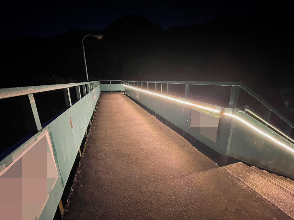 駅構内の歩道橋の通路や階段を照らすFCOBロープライト
